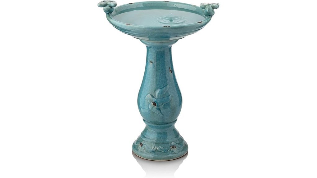 turquoise ceramic pedestal birdbath